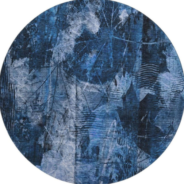 HomeRoots 8' Navy Blue Floral Washable Round Area Rug - Stain Resistant, UV Protected, Perfect for Any Home 649075