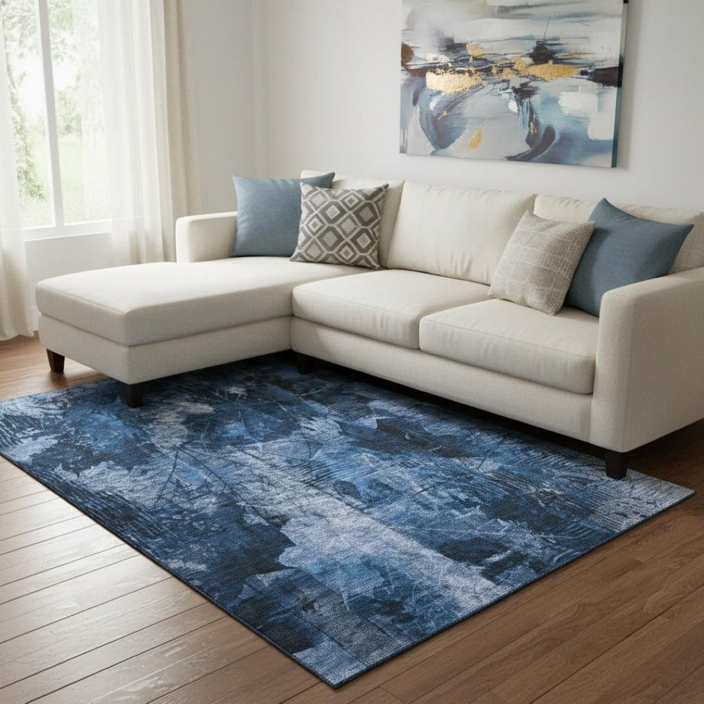 HomeRoots 8' X 10' Navy Blue Ivory Floral Area Rug - Washable, UV Protected, Ideal for Families & Pets! 649076