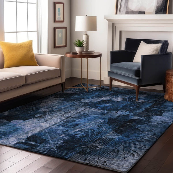 HomeRoots 8' X 10' Navy Blue Ivory Floral Area Rug - Washable, UV Protected, Ideal for Families & Pets! 649076