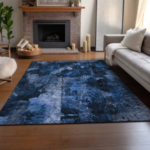 HomeRoots 8' X 10' Navy Blue Ivory Floral Area Rug - Washable, UV Protected, Ideal for Families & Pets! 649076