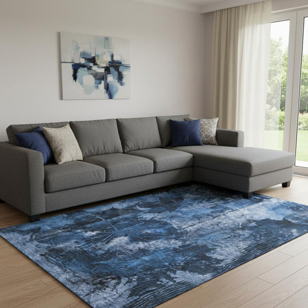 HomeRoots 9' X 12' Navy Blue Floral Area Rug – Stylish, Washable, UV-Protected, Perfect for High-Traffic Areas 649077