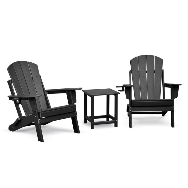 English Elm Folding HDPE Adirondack Chair Set with Side Table, All-Weather Foldable Patio Seating, Ergonomic Comfort Black W1889P408708