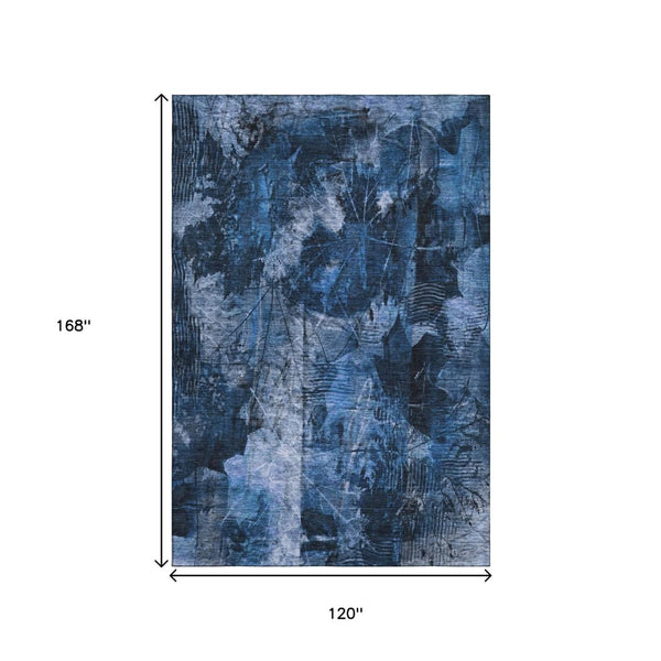 HomeRoots 10' Navy Blue & Ivory Floral Area Rug - Washable, UV Protected, Durable Design for Family Spaces 649078