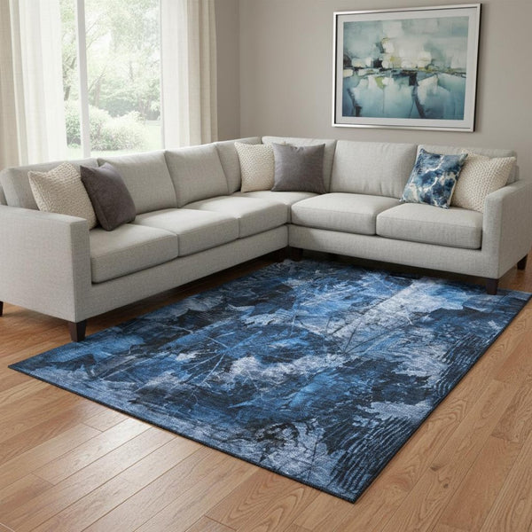 HomeRoots 10' Navy Blue & Ivory Floral Area Rug - Washable, UV Protected, Durable Design for Family Spaces 649078
