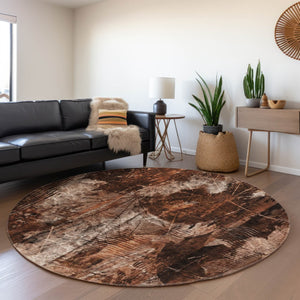 HomeRoots 8' Washable Round Rug in Rust and Ivory Floral Design – UV Protected, Stain Resistant, Durable Comfort 649081