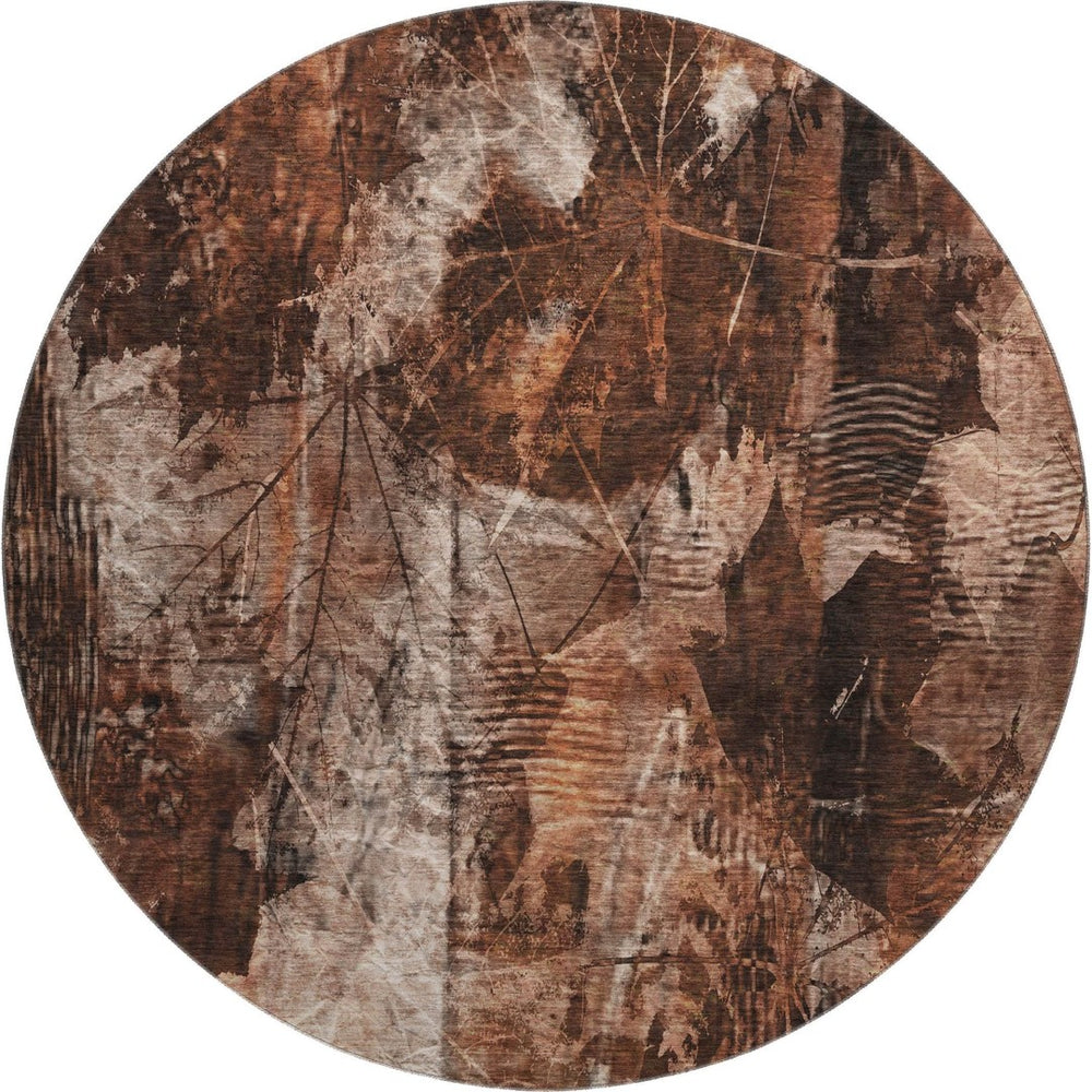 HomeRoots 8' Washable Round Rug in Rust and Ivory Floral Design – UV Protected, Stain Resistant, Durable Comfort 649081