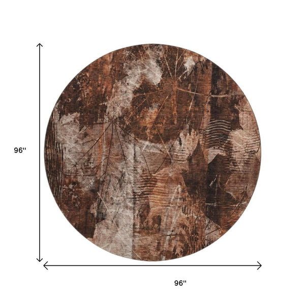 HomeRoots 8' Washable Round Rug in Rust and Ivory Floral Design – UV Protected, Stain Resistant, Durable Comfort 649081