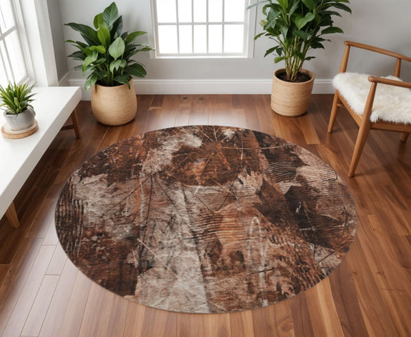 HomeRoots 8' Washable Round Rug in Rust and Ivory Floral Design – UV Protected, Stain Resistant, Durable Comfort 649081