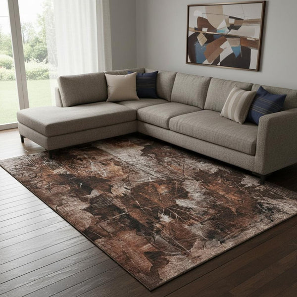 HomeRoots 9' X 12' Elegant Rust and Ivory Floral Washable Area Rug with UV Protection for Stylish Living Spaces 649083