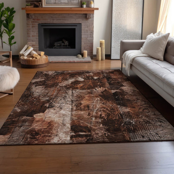 HomeRoots 9' X 12' Elegant Rust and Ivory Floral Washable Area Rug with UV Protection for Stylish Living Spaces 649083