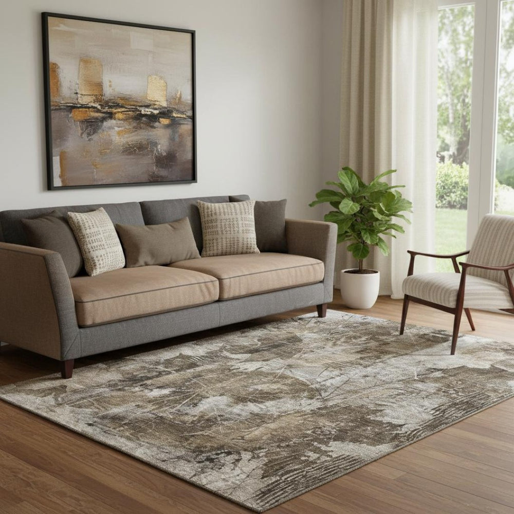 HomeRoots 5' X 8' Floral Washable Area Rug in Taupe & Ivory - Durable, UV Protected, Easy-Care Home Essential 649086
