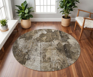 HomeRoots 8' Taupe and Ivory Floral Round Rug - Washable, UV-Protected, Stain-Resistant for Stylish Living Spaces 649087