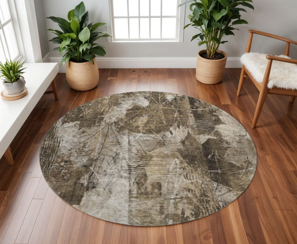 HomeRoots 8' Taupe and Ivory Floral Round Rug - Washable, UV-Protected, Stain-Resistant for Stylish Living Spaces 649087