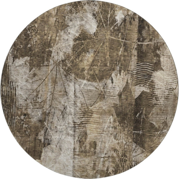 HomeRoots 8' Taupe and Ivory Floral Round Rug - Washable, UV-Protected, Stain-Resistant for Stylish Living Spaces 649087