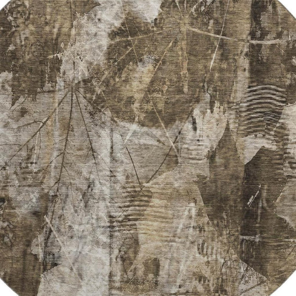 HomeRoots 8' Taupe and Ivory Floral Round Rug - Washable, UV-Protected, Stain-Resistant for Stylish Living Spaces 649087