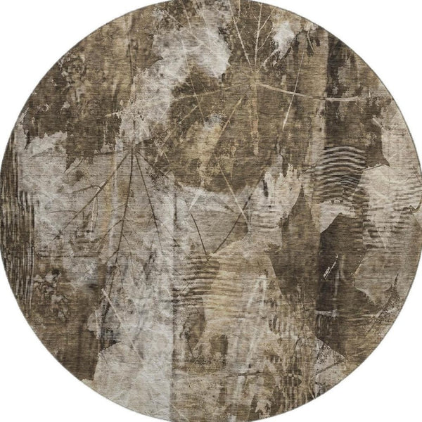 HomeRoots 8' Taupe and Ivory Floral Round Rug - Washable, UV-Protected, Stain-Resistant for Stylish Living Spaces 649087