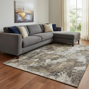 HomeRoots 9' X 12' Floral Washable Area Rug in Taupe & Ivory - UV Protected, Durable, Easy Care for Homes! 649089
