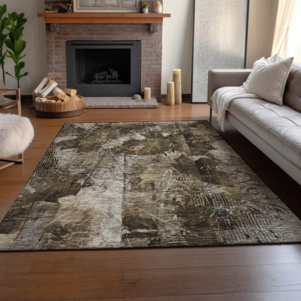 HomeRoots 9' X 12' Floral Washable Area Rug in Taupe & Ivory - UV Protected, Durable, Easy Care for Homes! 649089