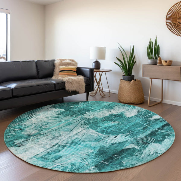 HomeRoots 8' Teal and Ivory Floral Round Rug – Durable, Washable, UV-Protected for Indoor and Outdoor Use 649093
