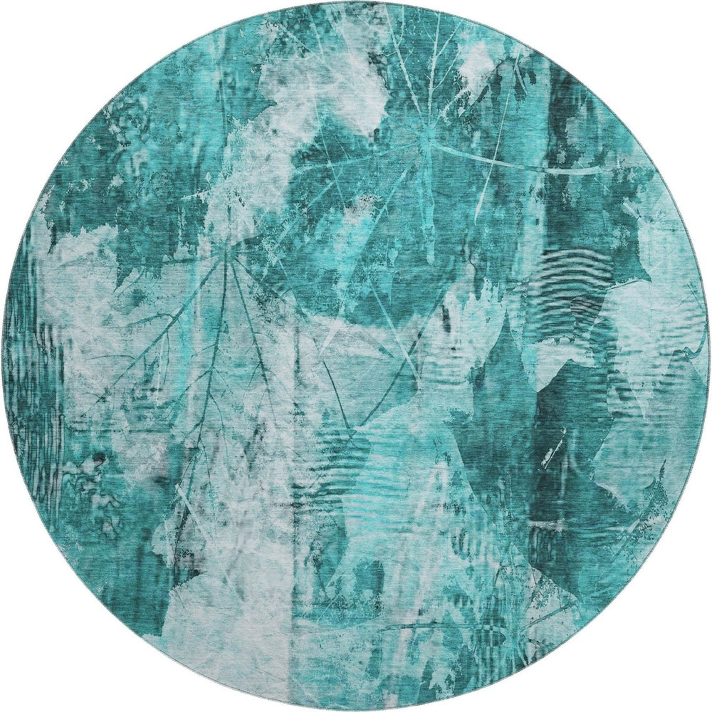HomeRoots 8' Teal and Ivory Floral Round Rug – Durable, Washable, UV-Protected for Indoor and Outdoor Use 649093