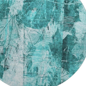 HomeRoots 8' Teal and Ivory Floral Round Rug – Durable, Washable, UV-Protected for Indoor and Outdoor Use 649093