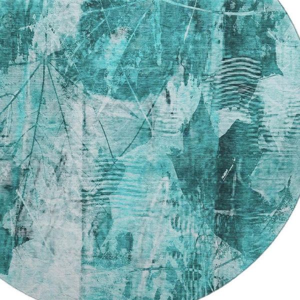 HomeRoots 8' Teal and Ivory Floral Round Rug – Durable, Washable, UV-Protected for Indoor and Outdoor Use 649093