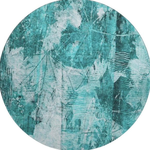 HomeRoots 8' Teal and Ivory Floral Round Rug – Durable, Washable, UV-Protected for Indoor and Outdoor Use 649093