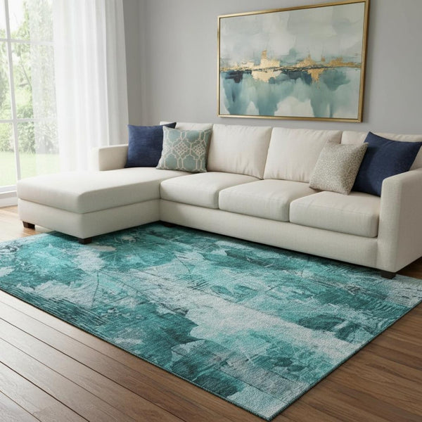 HomeRoots 8' X 10' Teal and Ivory Floral Area Rug - Washable, UV-Protected, and Perfect for High-Traffic Homes! 649094