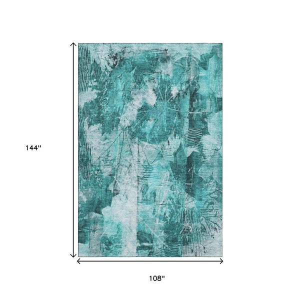 HomeRoots 9' X 12' Teal and Ivory Floral Area Rug - Washable, Stain-Resistant, UV Protected for High-Traffic Areas 649095