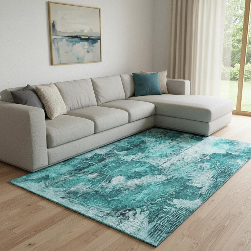 HomeRoots 9' X 12' Teal and Ivory Floral Area Rug - Washable, Stain-Resistant, UV Protected for High-Traffic Areas 649095