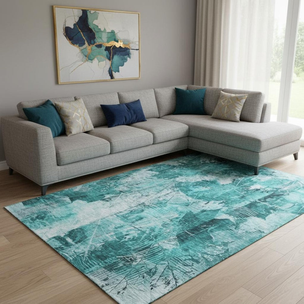 HomeRoots 10' X 14' Teal And Ivory Floral Area Rug - Washable, UV-Protected, Durable for Kids & Pets' Homes 649096