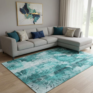 HomeRoots 10' X 14' Teal And Ivory Floral Area Rug - Washable, UV-Protected, Durable for Kids & Pets' Homes 649096