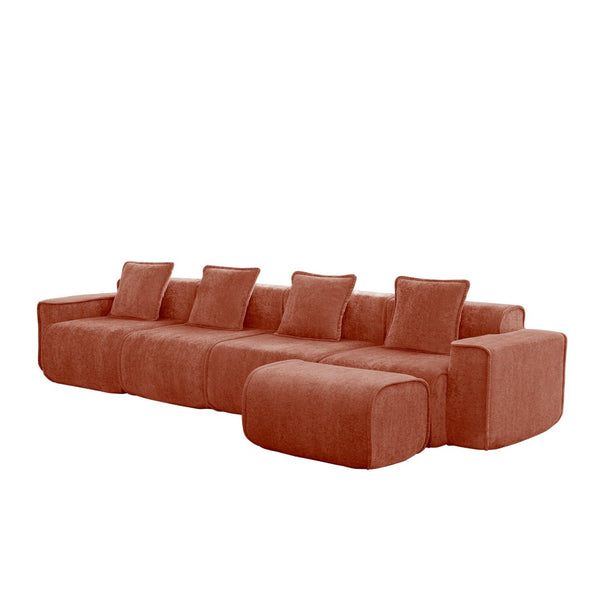 English Elm Streamlined Modular L-shaped Sectional Velvet Sofa with Ottoman and Tailored Piping Detail Red W3041S00362