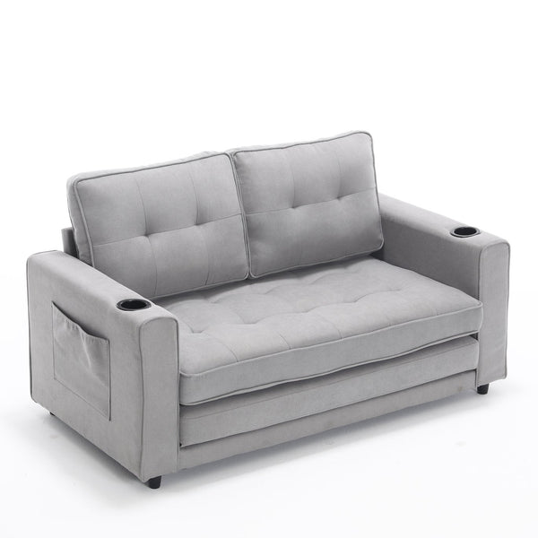 English Elm {VIDEO 3-in-1 Upholstered Futon Sofa Bed Convertible Loveseat with Tufted Back, Cup Holders & Side Pockets Light Gray W2325P183182