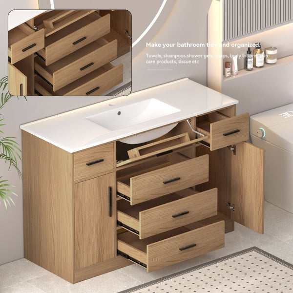 English Elm 48"dark Brown Vanity with 6 Drawers and Soft Close Doors for a Spa Bathroom Light Oak W3133S00026