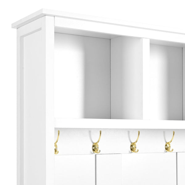 English Elm On-trend Entryway Hall Tree with Gold Hooks Bench Drawers and Shoe Cabinet Storage White N721S000056K-1