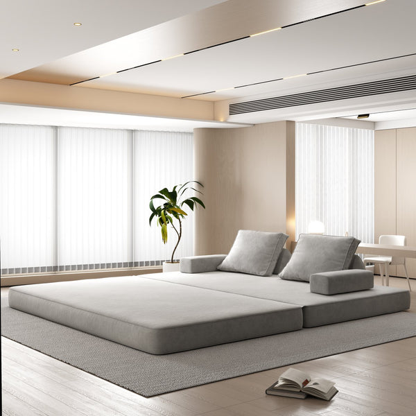 English Elm 86.6"Multifunctional Folding Sofa Bed with Chaise, Fluffy Chenille, Removable Backs & Pillows, Deep Seat Lounge LIGHT GREY W3219P340666