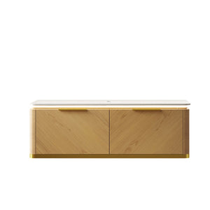 English Elm 48" Sintered Stone Countertop Vanity Base Brown Oak Cabinet Brushed Gold Handles W2615P330753