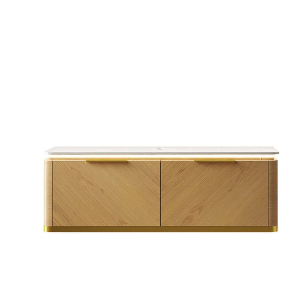 English Elm 48" Sintered Stone Countertop Vanity Base Brown Oak Cabinet Brushed Gold Handles W2615P330753