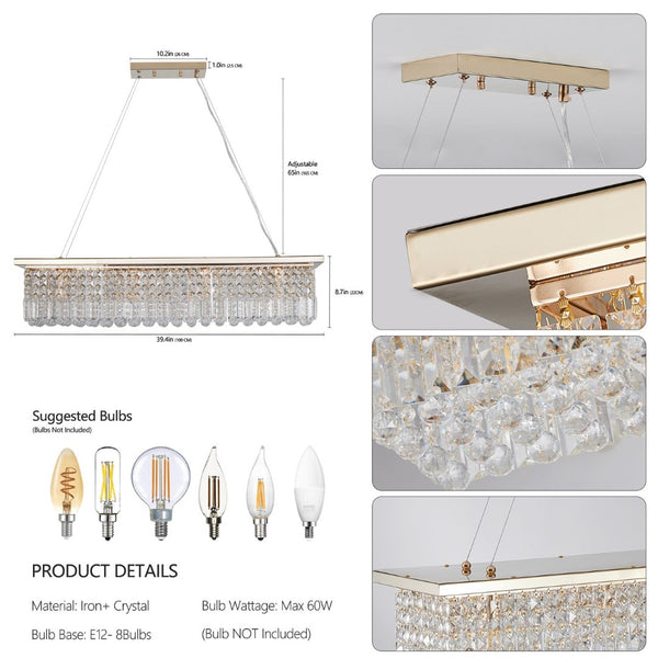 English Elm Modern Gold Crystal Raindrop Chandelier Eight Light Rectangular Fixture for Dining W1340P189514