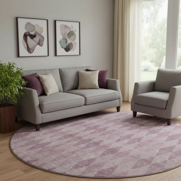 HomeRoots 8' Blush and Purple Geometric Washable Round Rug – Stylish, UV-Protected, Easy-Clean for Any Space 649351