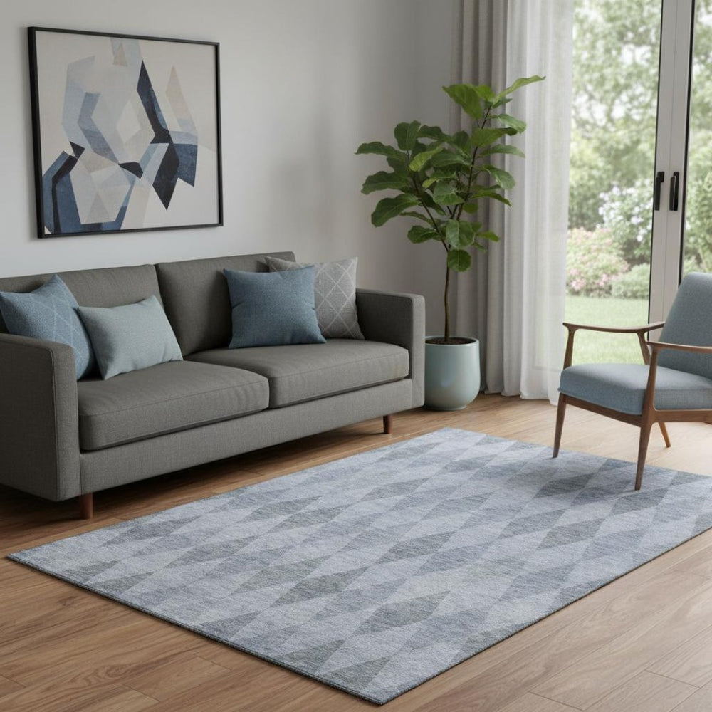 HomeRoots 5' X 8' Denim Blue & Ivory Geometric Area Rug - Washable, UV Protected, Stain Resistant & Stylish! 649356