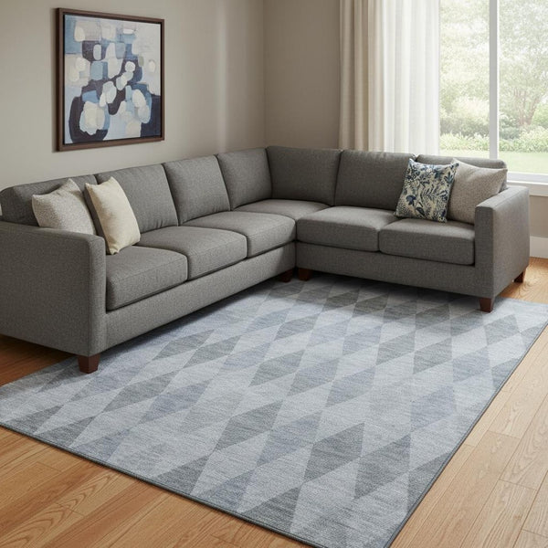 HomeRoots 9' X 12' Denim Blue Geometric Area Rug with UV Protection - Durable, Washable & Stain Resistant Design 649359