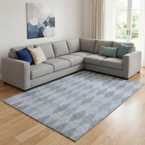 HomeRoots 10' X 14' Denim Blue & Ivory Geometric Area Rug - Washable, UV Protected, Stylish & Durable Design 649360