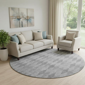 HomeRoots 8' Gray And Ivory Geometric Washable Round Rug with UV Protection - Stylish, Durable, Easy Care! 649363