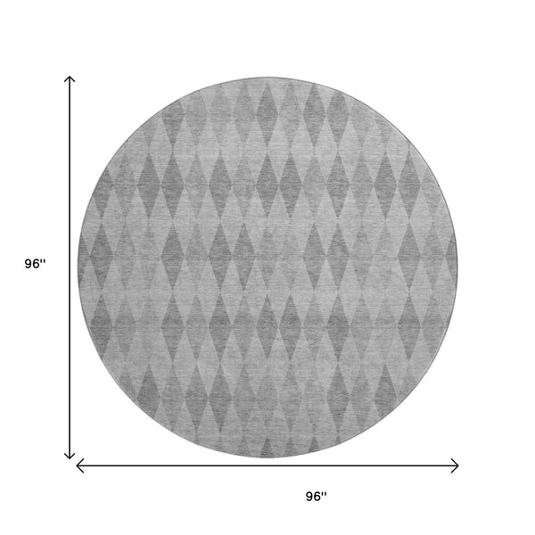 HomeRoots 8' Gray And Ivory Geometric Washable Round Rug with UV Protection - Stylish, Durable, Easy Care! 649363