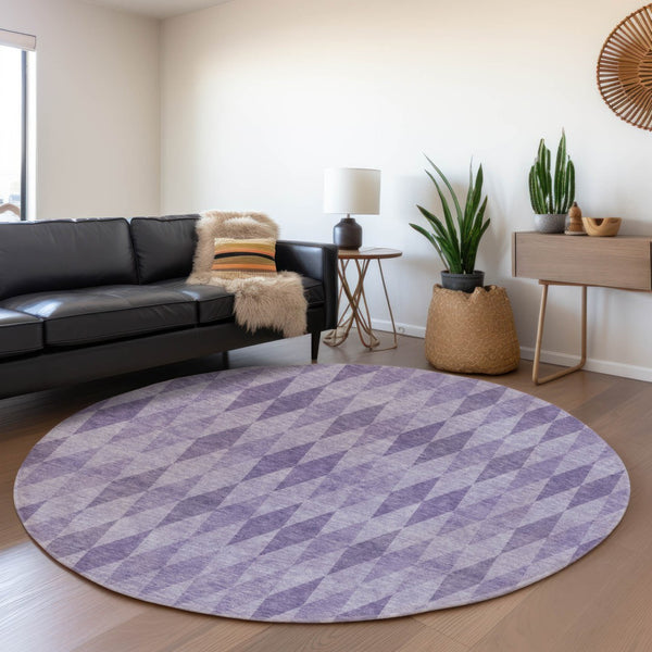HomeRoots 8' Purple And Ivory Geometric Washable Round Rug - UV Protected, Durable & Stylish for Any Space 649375