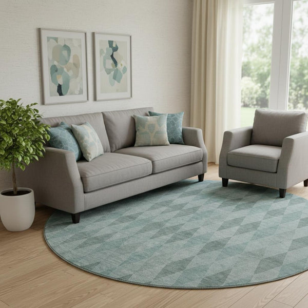 HomeRoots 8' Teal And Gray Geometric Round Rug - Washable, UV Protected, Stain Resistant for Modern Homes 649381