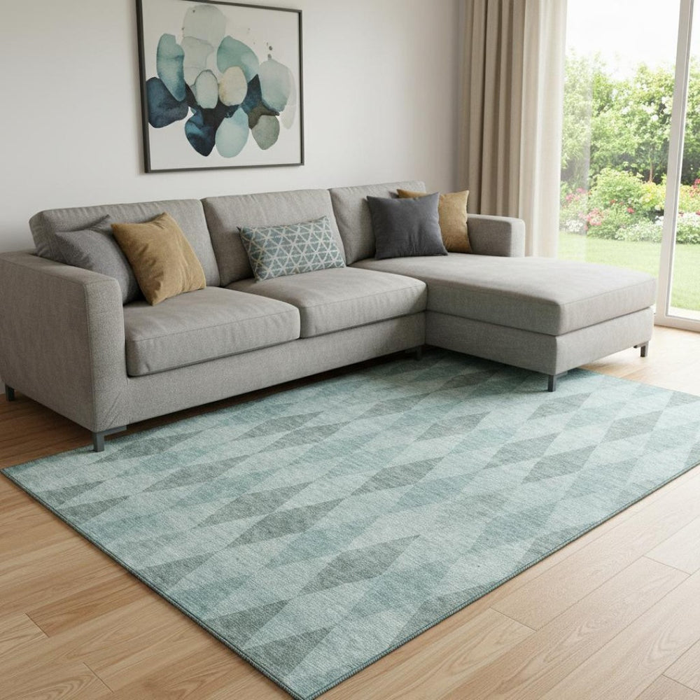 HomeRoots 8' X 10' Teal and Gray Geometric Area Rug - Washable, UV Protected, Stylish, Durable for Busy Homes 649382