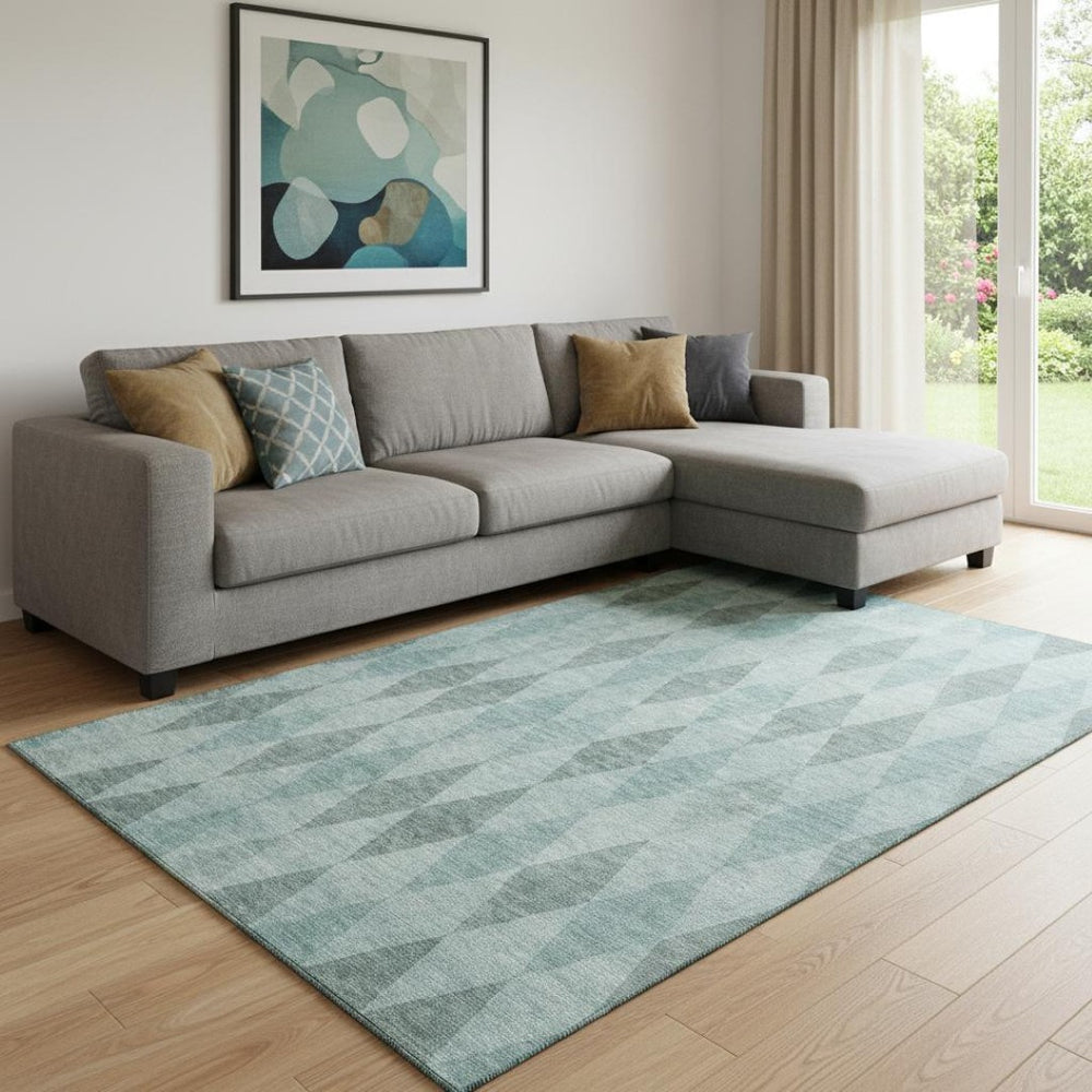 HomeRoots 9' X 12' Teal and Gray Geometric Area Rug – Washable, UV-Protected, Perfect for High-Traffic Spaces! 649383